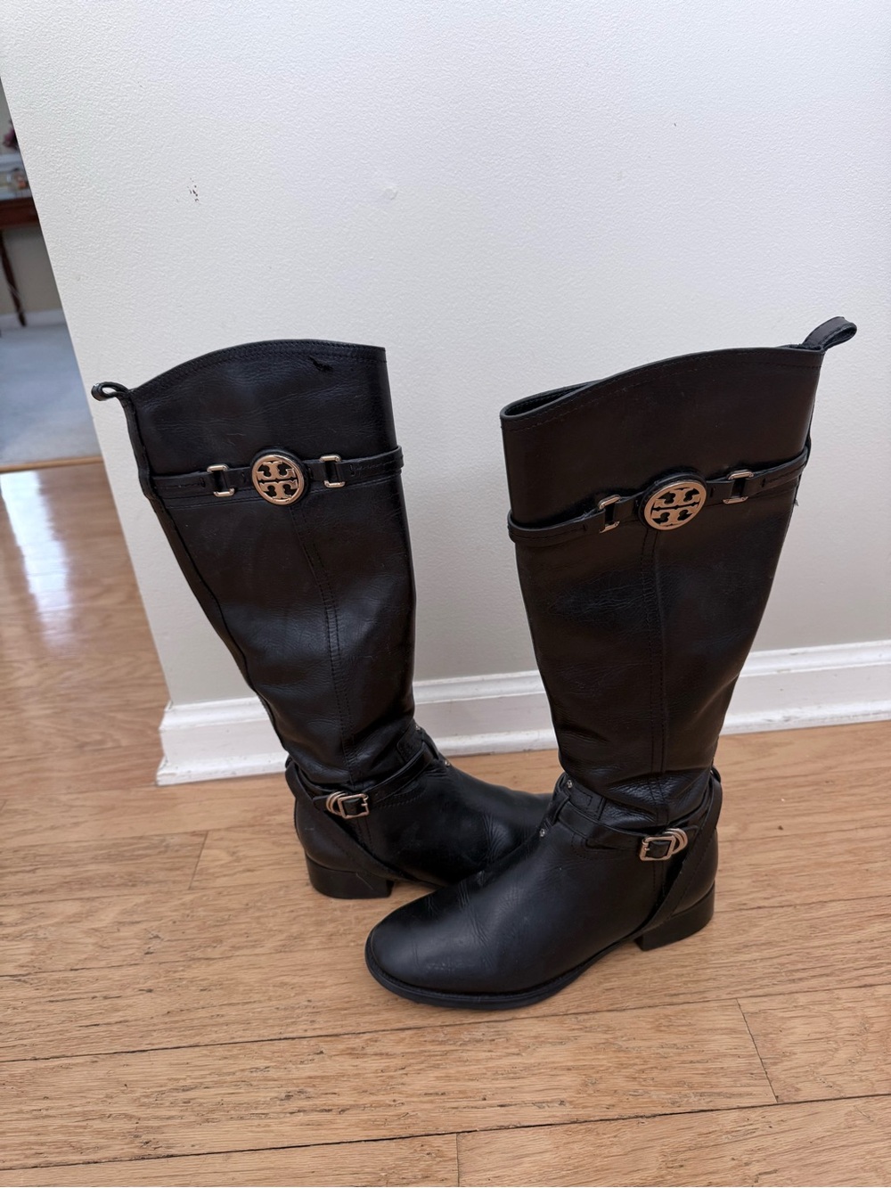 Tory Burch Black Leather Knee-High Logo Buckle Boots